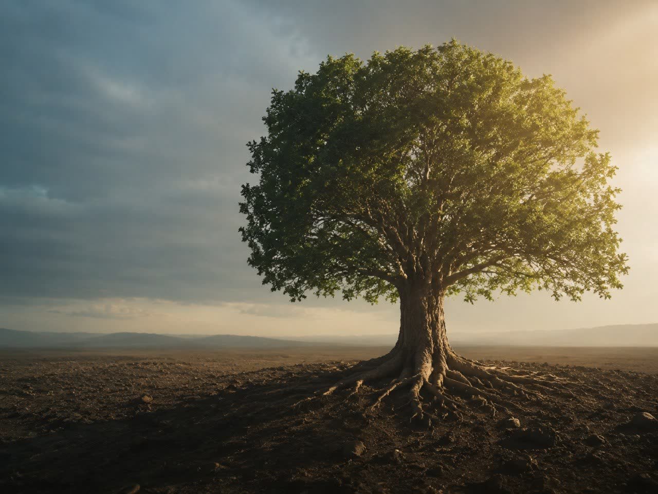 Árbol maduro con raíces visibles, capital de largo plazo